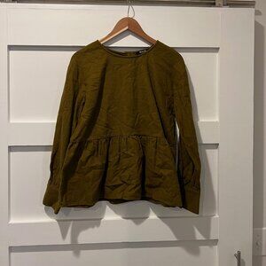 Madewell Flannel Button-Back Peplum Long Sleeve Top Size L Olive Green/Brown
